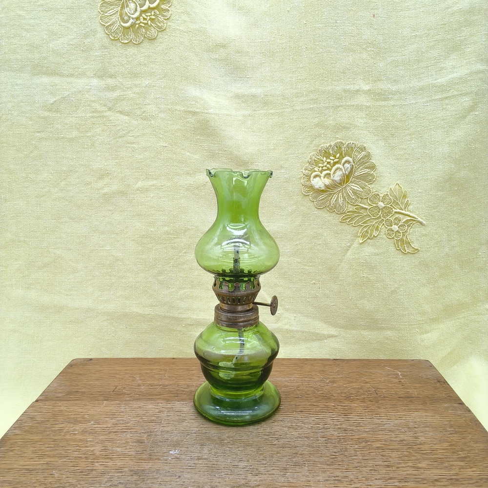 Vintage Green Glass Kerosene Lamp, Miniature Night Lamp, MCM